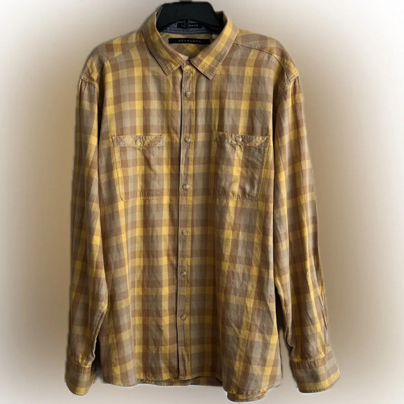 Sean John Mens Button Down Long Sleeve Shirt Yellow And Brown Plaid Size 2XL - Picture 1 of 8